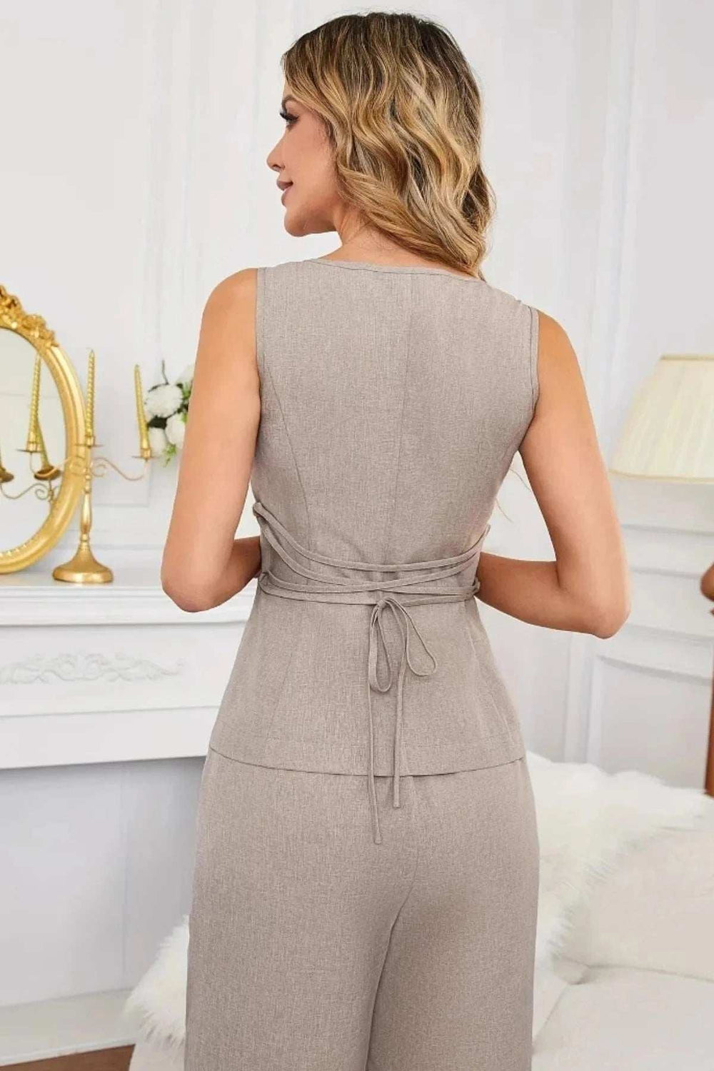 Sleeveless Button Front Top and Wide Leg Pants Set - Trendsi - Flyclothing LLC