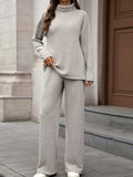 Ribbed Turtleneck Dropped Shoulder Top and Pants Sweater Set - Trendsi - Flyclothing LLC
