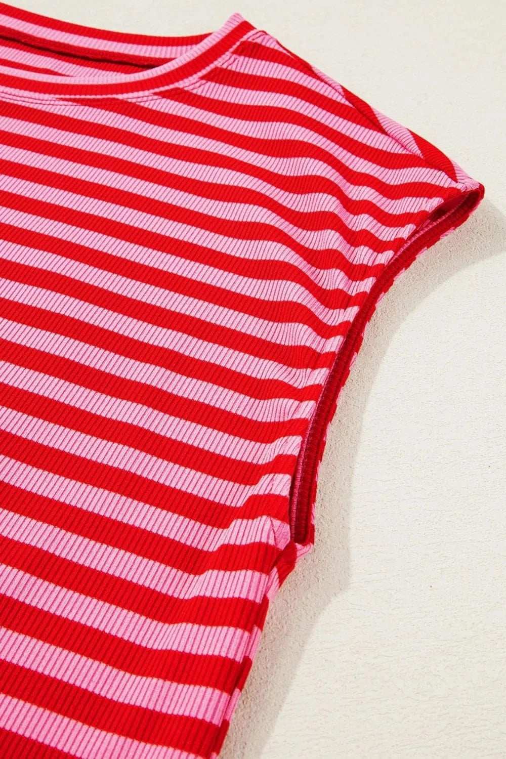 Stripe Ribbed Cap Sleeve Round Neck T Shirt - Trendsi - Flyclothing LLC