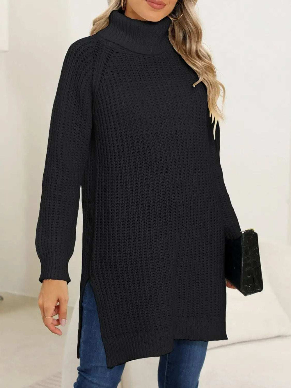 Slit Turtleneck Long Sleeve Sweater - Trendsi - Flyclothing LLC