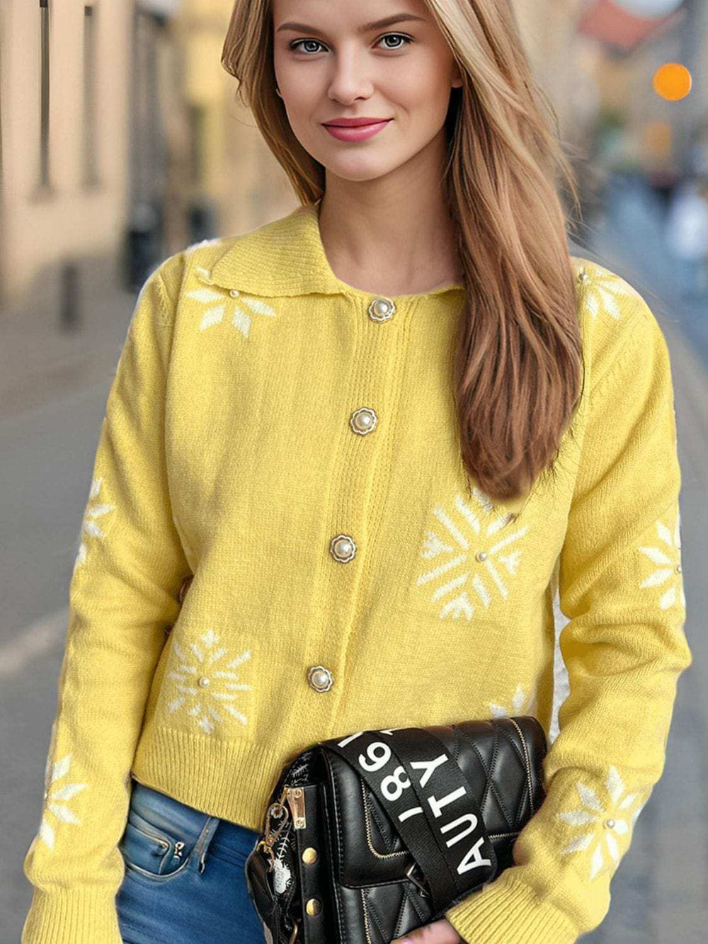 Pearl Trim Collared Neck Long Sleeve Cardigan - Trendsi - Flyclothing LLC