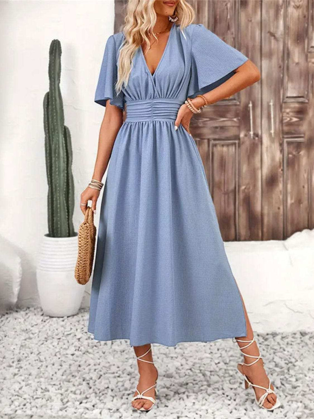 Side Slit Surplice Flutter Sleeve Midi Dress - Trendsi - Flyclothing LLC