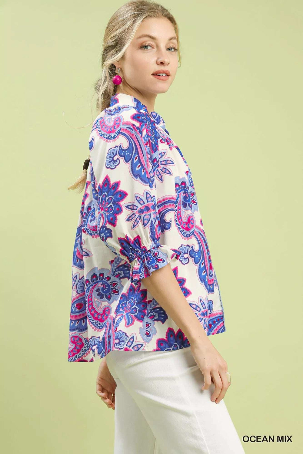 Umgee Paisley Print Button Front Blouse with Scallop Trim Detail - Trendsi - Flyclothing LLC