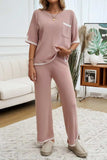 Devine Contrast Trim Half Sleeve Top and Pants Set - Trendsi - Flyclothing LLC