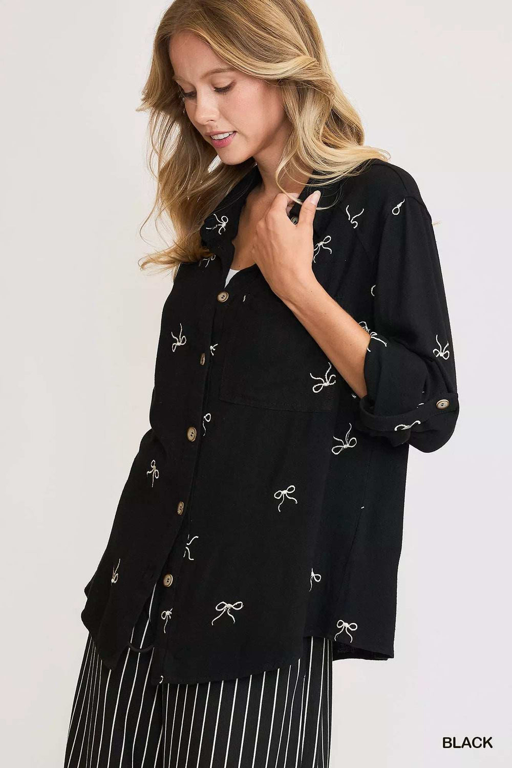 Umgee Linen Blend Fitted Shirt with Ribbon Embroidery Details - Trendsi - Flyclothing LLC