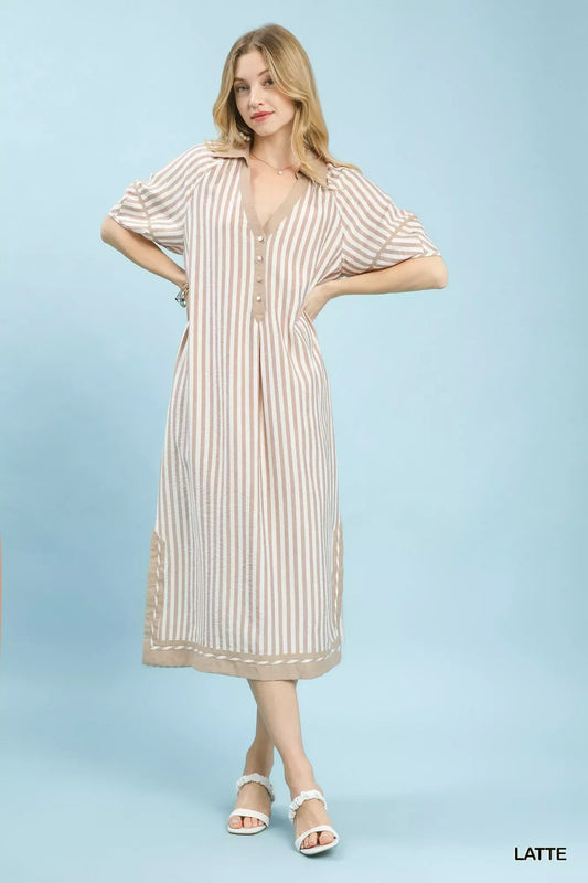 Umgee Coastal Stripe Midi Dress with Side Slit - Trendsi - Flyclothing LLC