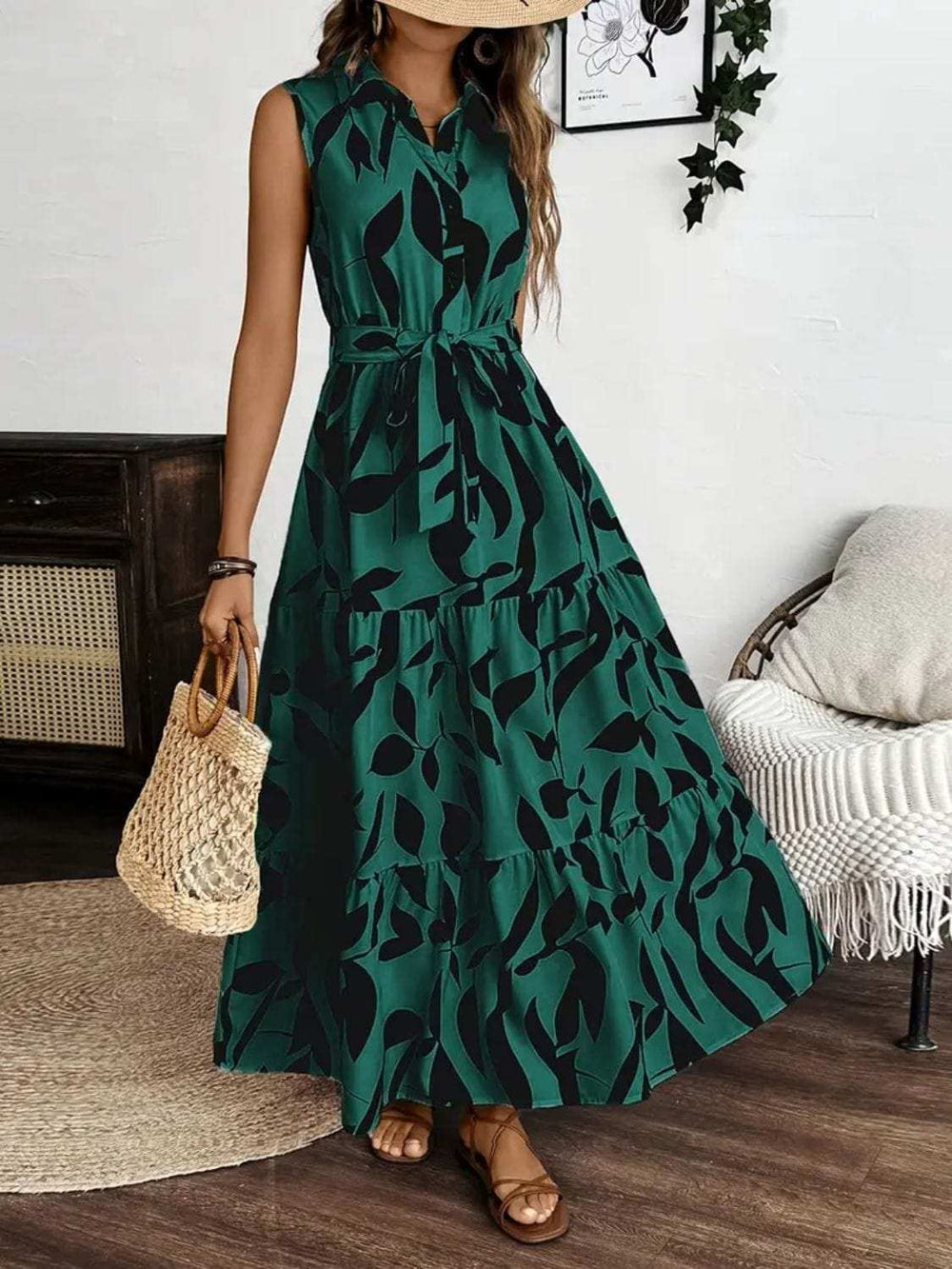 Printed Tie Waist Sleeveless Maxi Dress - Trendsi - Flyclothing LLC