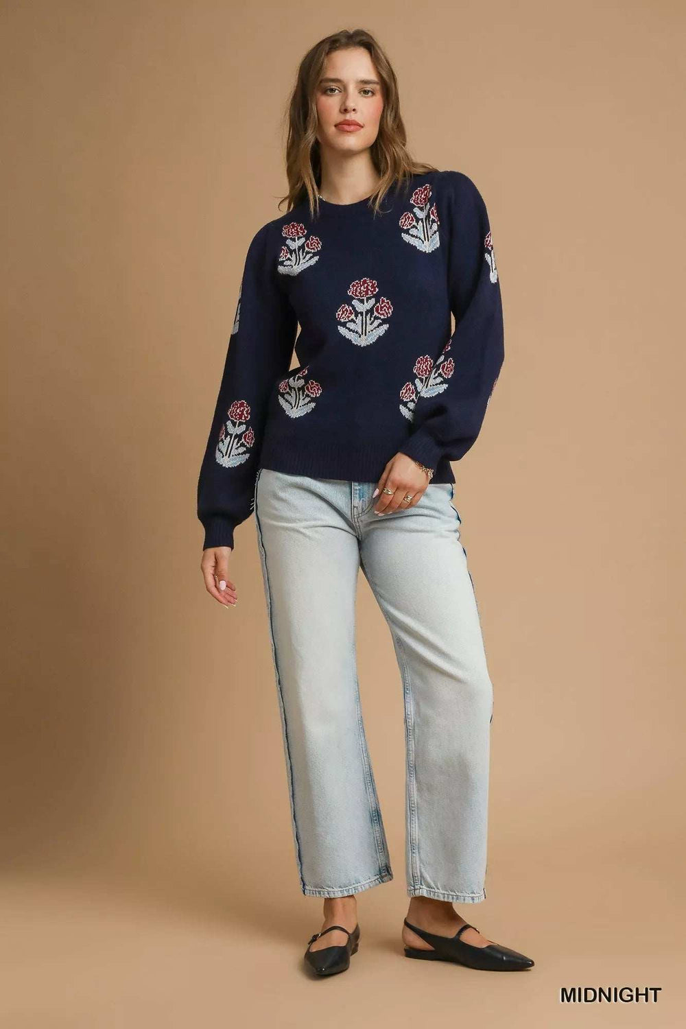 Umgee Floral Knit Sweater with Puff Sleeves - Trendsi - Flyclothing LLC