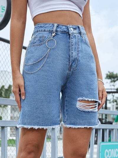 Distressed Raw Hem Denim Shorts - Trendsi - Flyclothing LLC