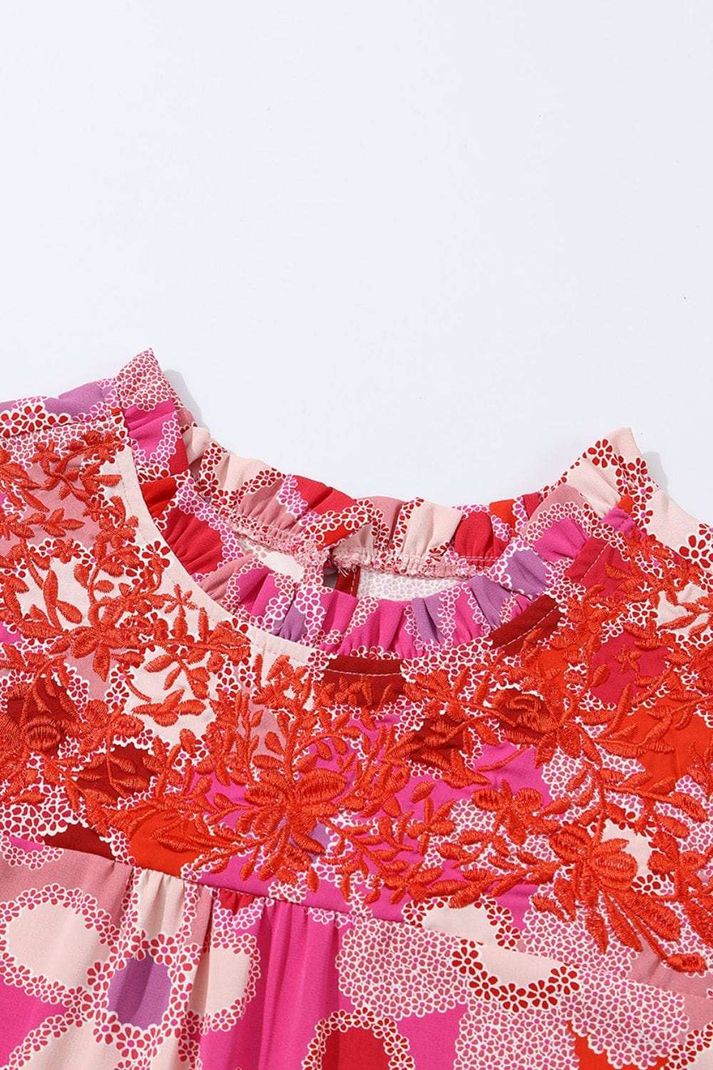 Embroidered Detail Floral Ruffle Cap Sleeve Blouse - Trendsi - Flyclothing LLC