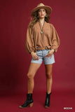 Umgee Textured Notched Blouse with Balloon Sleeves - Trendsi - Flyclothing LLC