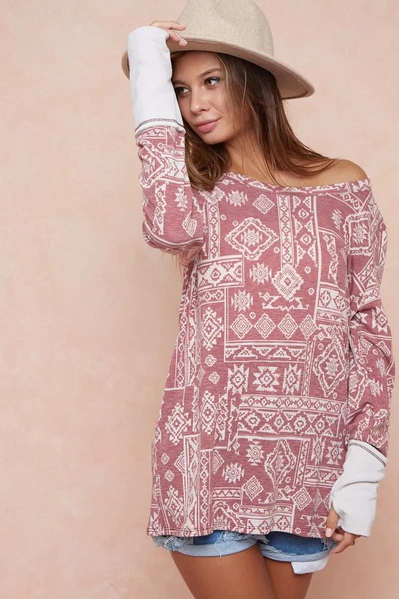 BiBi Aztec Print French Terry Top with Thumb Opening - Trendsi - Flyclothing LLC