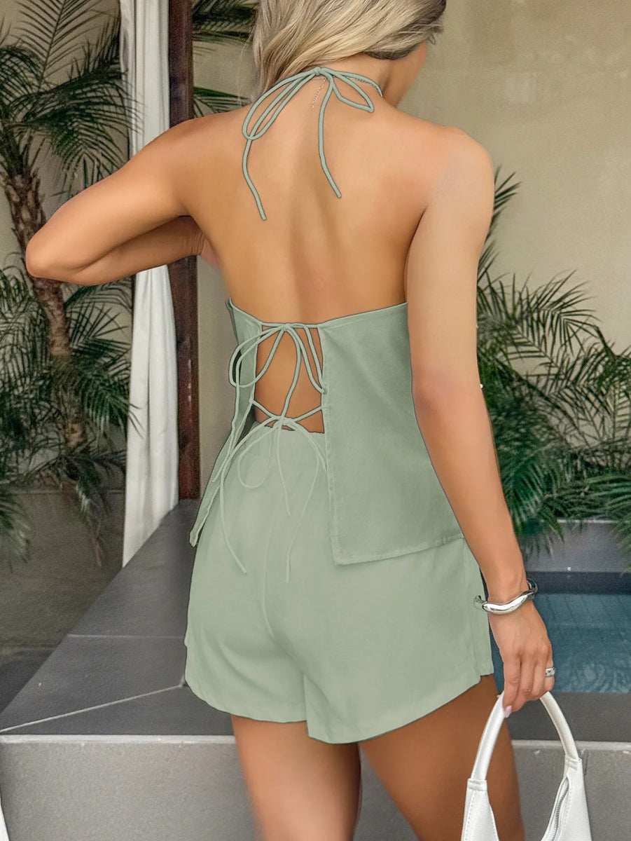 Tied Front Halter Neck Cami and Shorts Set - Trendsi - Flyclothing LLC