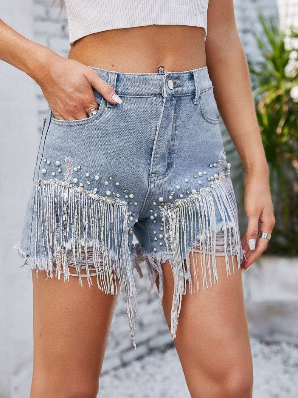 Distressed Pearl Trim Denim Shorts with Pockets - Trendsi - Flyclothing LLC