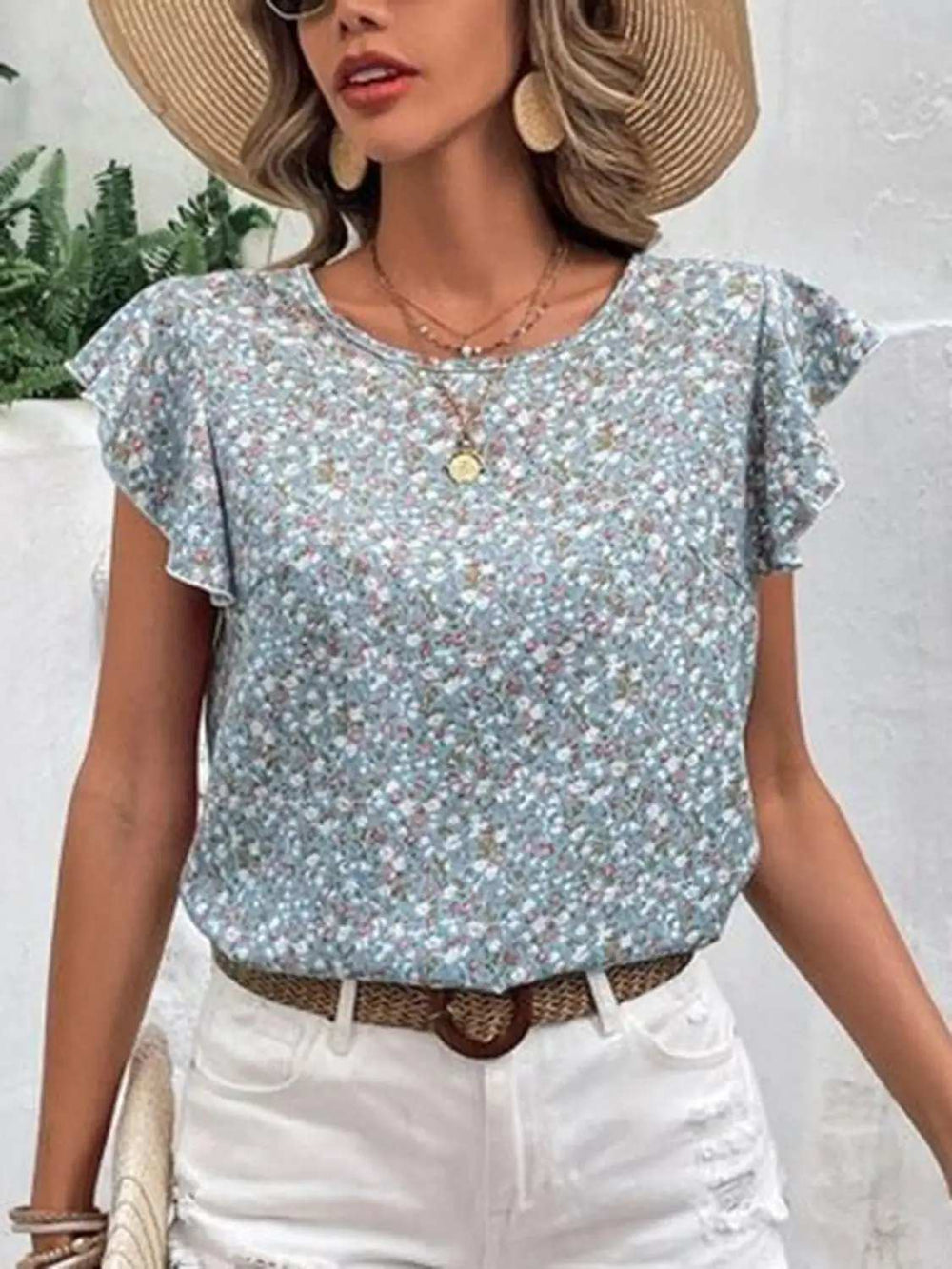 Ditsy Floral Round Neck Cap Sleeve Top - Trendsi - Flyclothing LLC