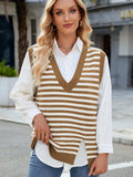 Slit V-Neck Striped Sweater Vest - Trendsi - Flyclothing LLC