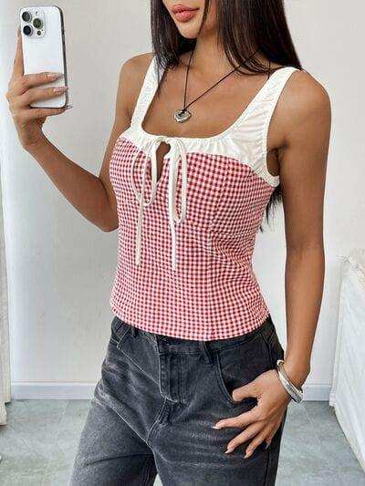 Perfee Contrast Plaid Square Neck Tank - Trendsi - Flyclothing LLC