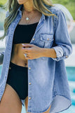 Pocketed Collared Neck Long Sleeve Denim Top - Trendsi - Flyclothing LLC