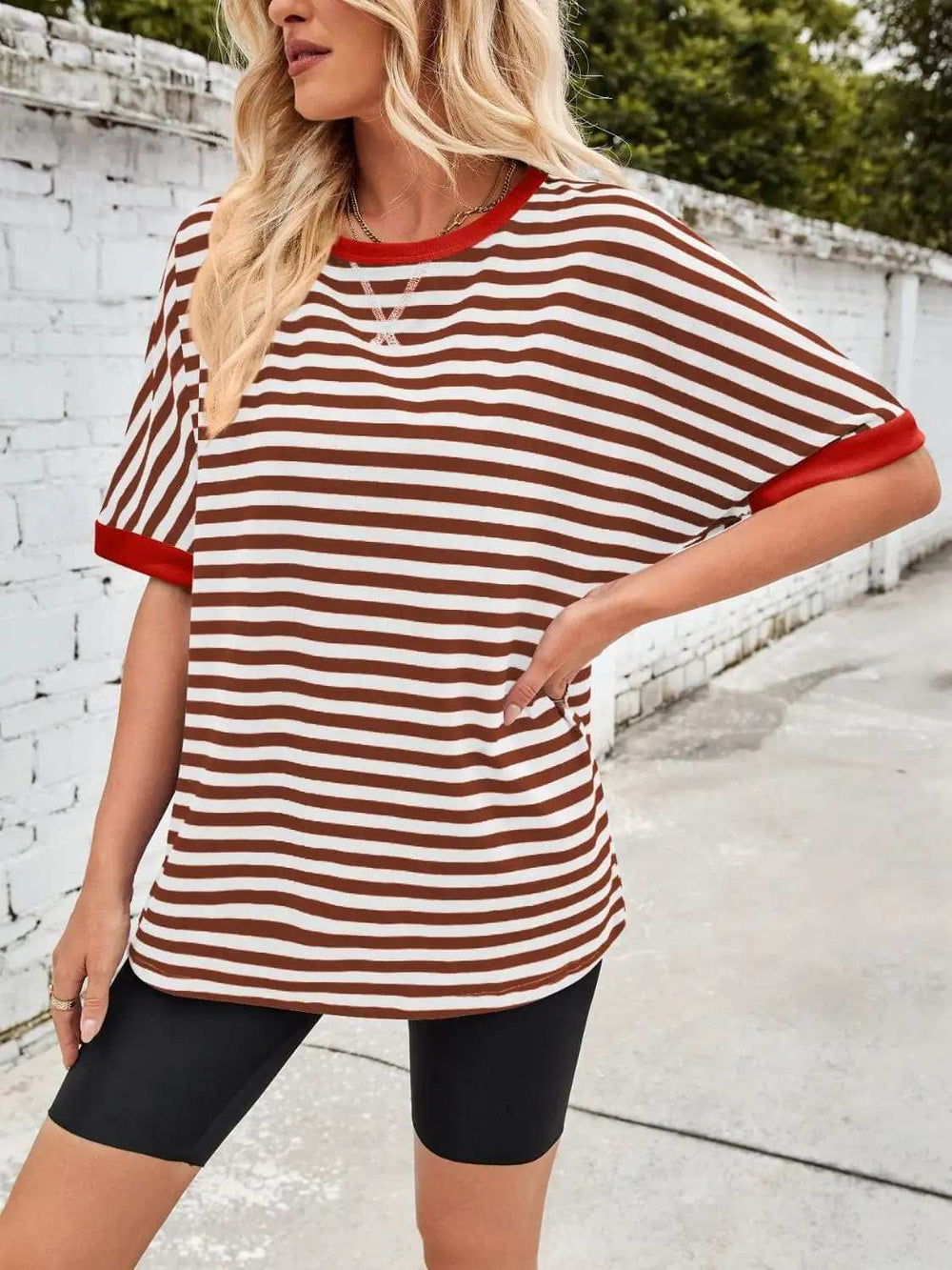 Lovelet Striped Round Neck Half Sleeve T-Shirt - Trendsi - Flyclothing LLC
