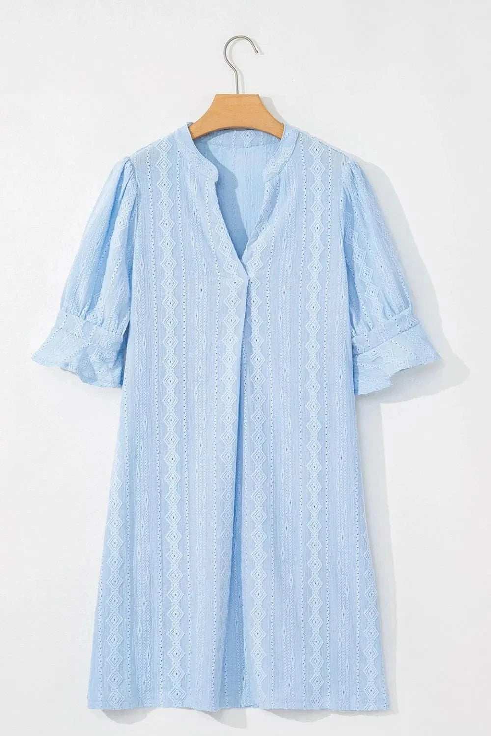 Jacquard Texture Flared Short Sleeve Notched Neck Mini Dress - Trendsi - Flyclothing LLC