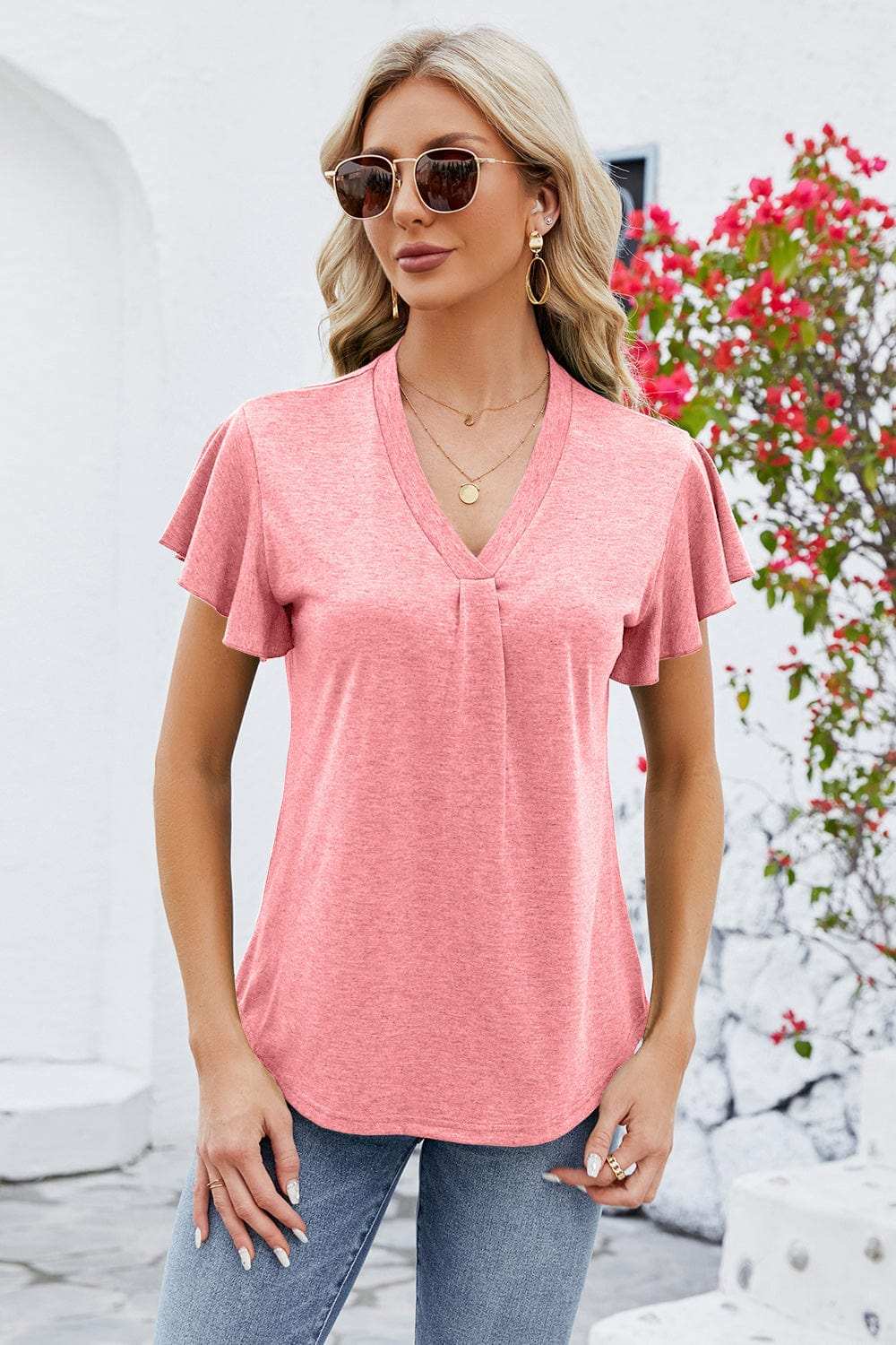 V-Neck Flutter Sleeve T-Shirt - Trendsi - Flyclothing LLC