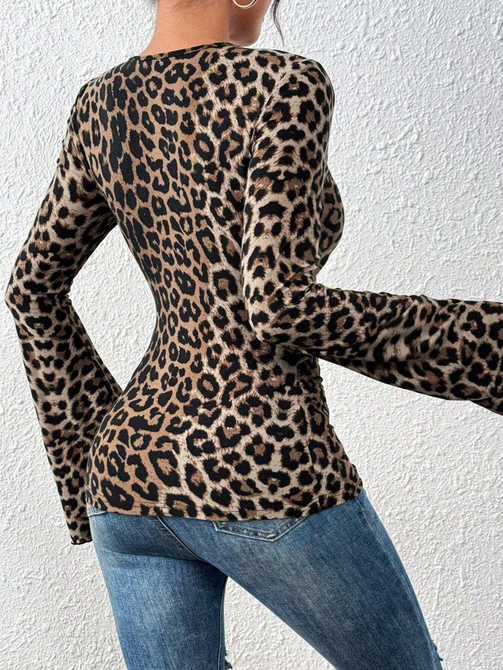 Leopard Surplice Flare Sleeve Top - Trendsi - Flyclothing LLC