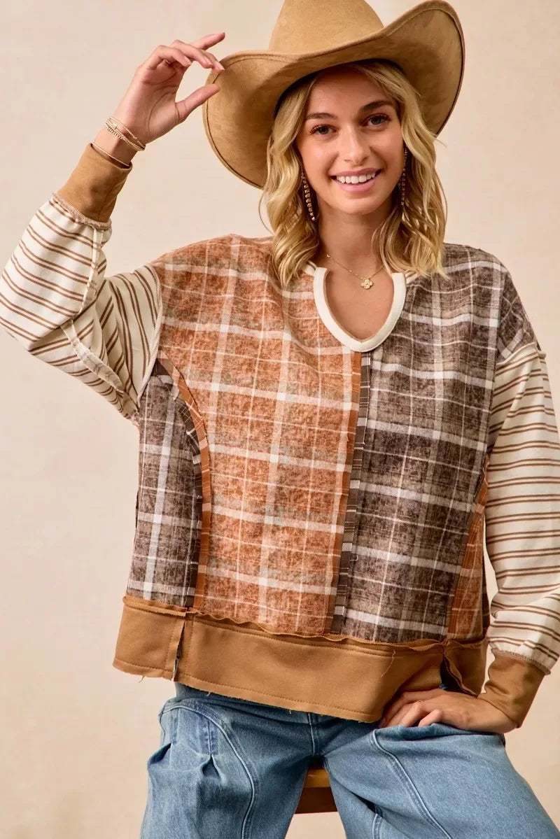 BiBi Plaid And Stripe Mix And Match Top With Open Seam - Trendsi - Flyclothing LLC