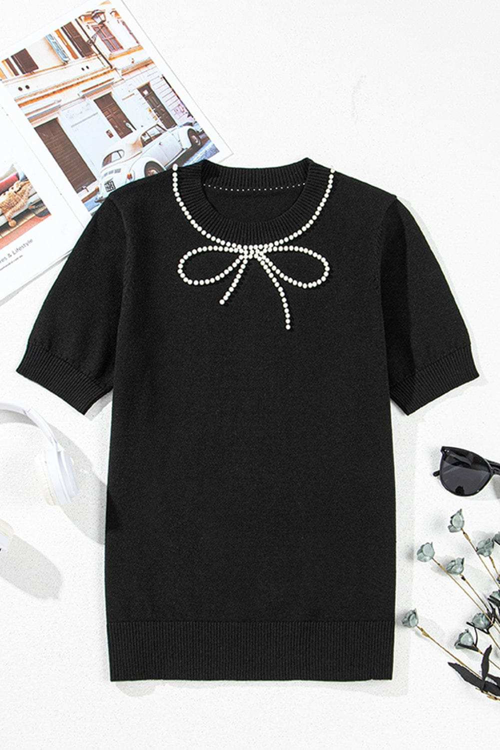 Pearl Bow Necklace Embellished Short Sleeve Knit Top - Trendsi - Flyclothing LLC