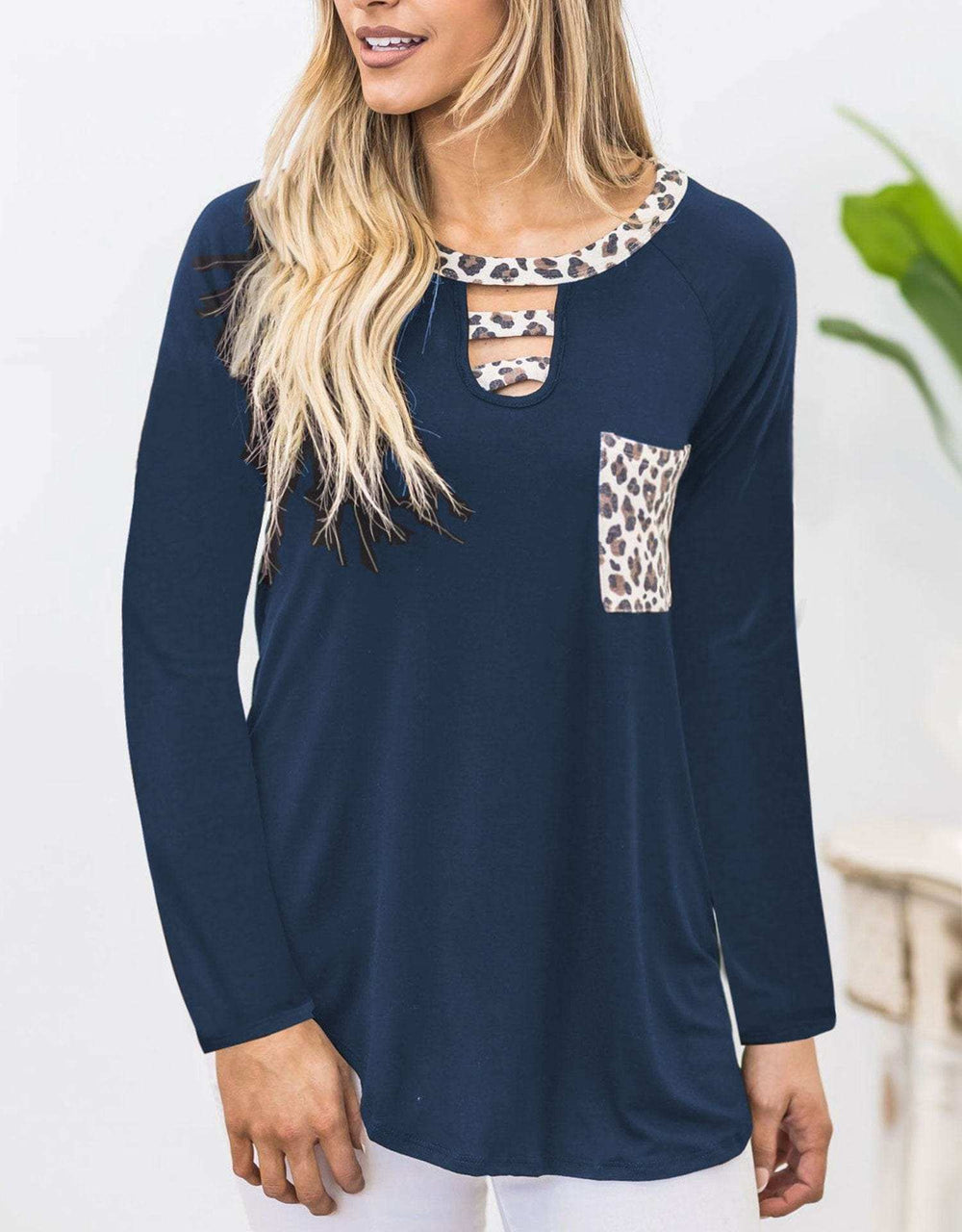 Cutout Leopard Round Neck Long Sleeve T-Shirt - Trendsi - Flyclothing LLC