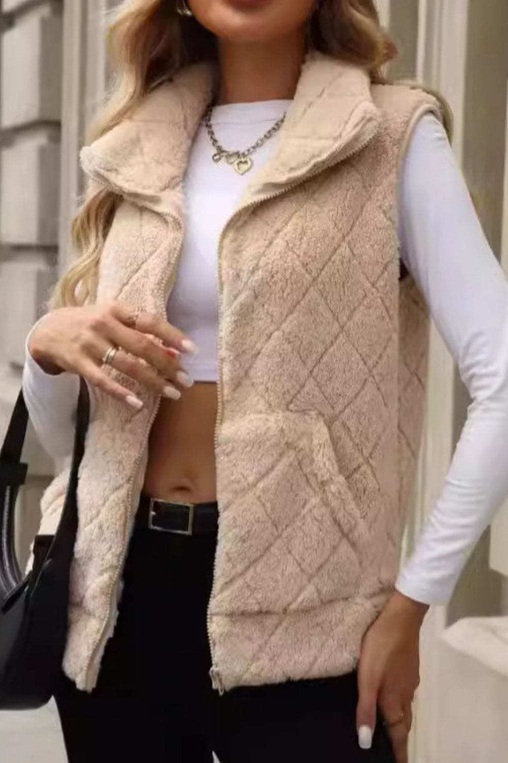 Fuzzy Plaid Texture Zip Up Vest Coat - Trendsi - Flyclothing LLC