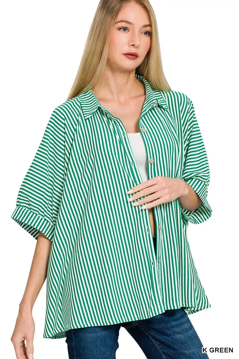 Zenana Oversized Stripe Button Down Shirt - Trendsi - Flyclothing LLC