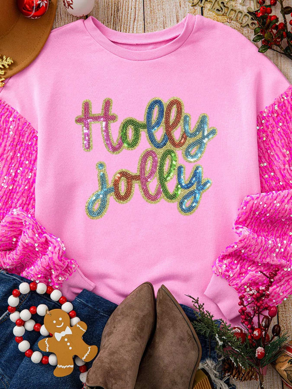 Holly Jolly Sequin Letter Drop Shoulder Long Sleeve Top - Trendsi - Flyclothing LLC