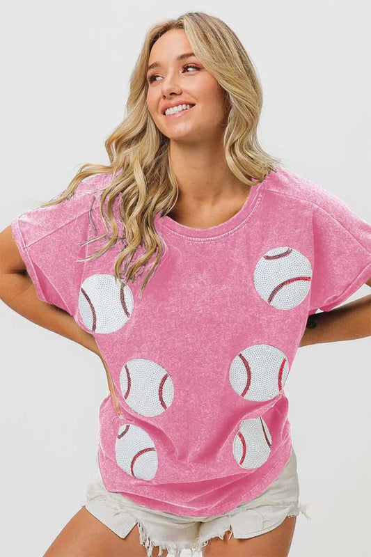 BiBi Sequin Baseball Short Sleeve T-Shirt - Trendsi - Flyclothing LLC