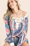 BiBi Tie Dye Deep V-Neck Top with Lace Up Front - Trendsi - Flyclothing LLC