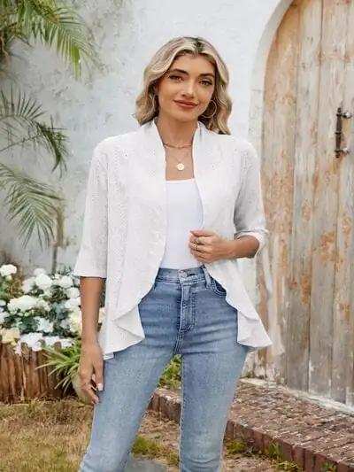 Eyelet Open Front Three-Quarter Sleeve Top - Trendsi - Flyclothing LLC