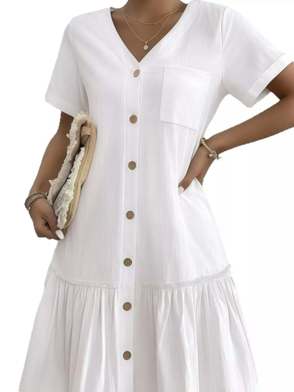 Full Size Button-Front Short Sleeve Tiered Dress Plus Size - Trendsi - Flyclothing LLC