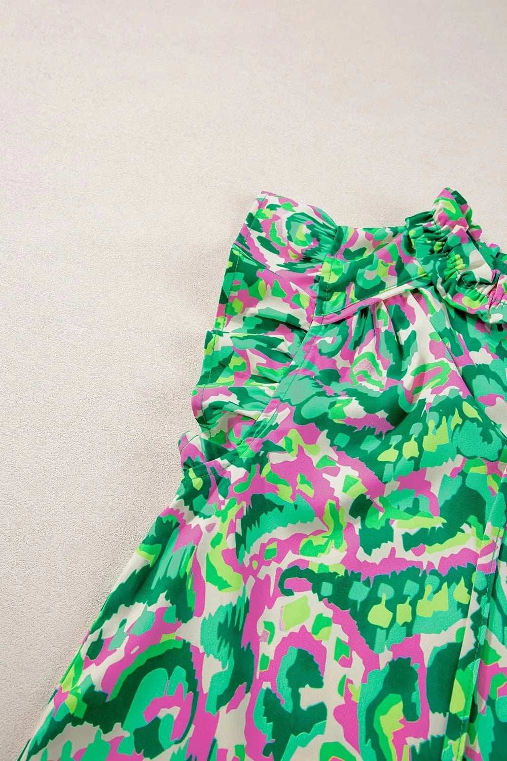 Abstract Print Ruffled Trim Tie Neck Top - Trendsi - Flyclothing LLC