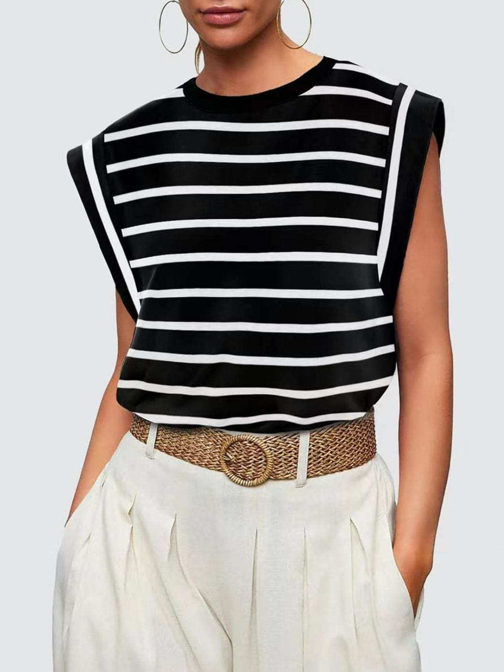 Florira Striped Round Neck Cap Sleeve T-Shirt - Trendsi - Flyclothing LLC
