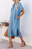 Slit Button Up Short Sleeve Imitation Denim Dress - Trendsi - Flyclothing LLC