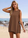 Slit Round Neck Top and Shorts Set - Trendsi - Flyclothing LLC