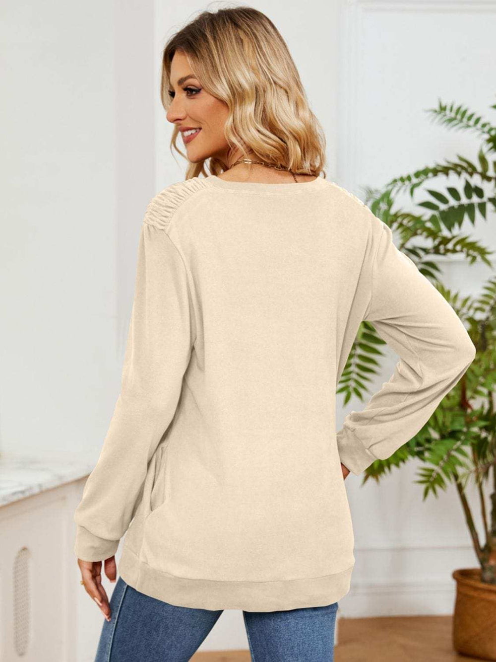 Ruched Shoulder Round Neck Long Sleeve Sweatshirt - Trendsi - Flyclothing LLC