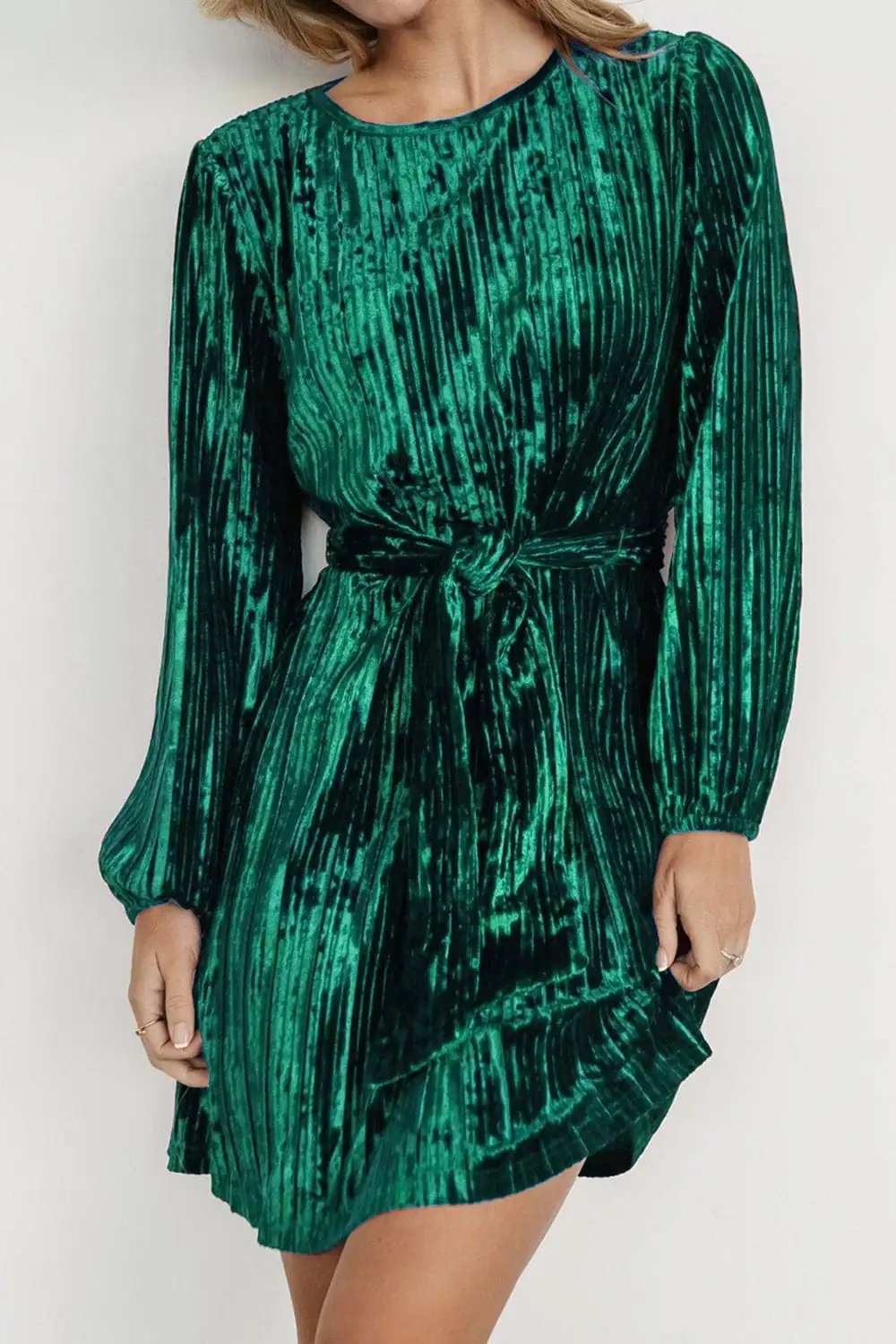 Velvet Round Neck Tie Waist Long Sleeve Mini Dress - Trendsi - Flyclothing LLC