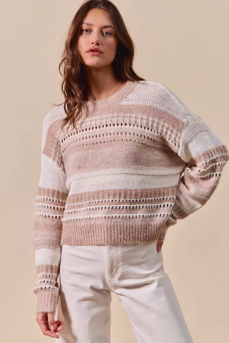 SO ME Variegated Stripe Textured Loose Fit Sweater - Trendsi - Flyclothing LLC