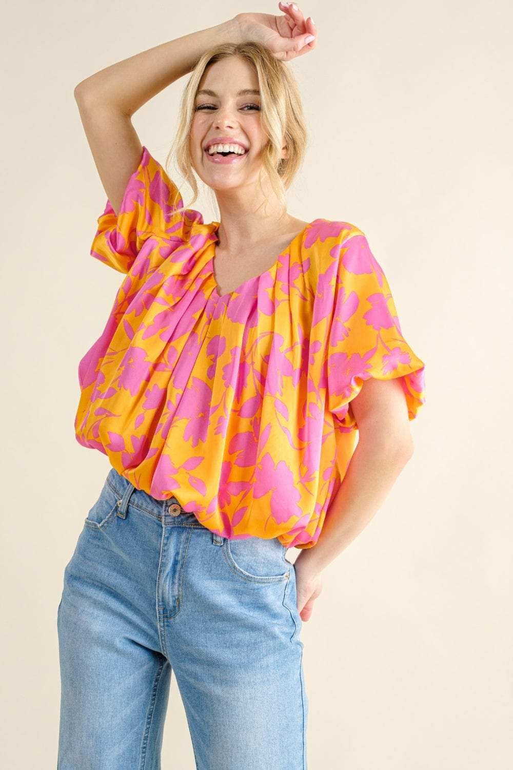And The Why Full Size Printed Satin Bubble Hem Top - Trendsi - Flyclothing LLC