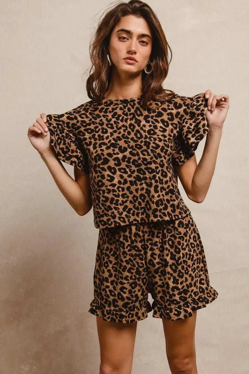BiBi Leopard Print Waffle Texture Layered Ruffle Sleeve Top and Shorts Set - Trendsi - Flyclothing LLC
