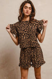 BiBi Leopard Print Waffle Texture Layered Ruffle Sleeve Top and Shorts Set - Trendsi - Flyclothing LLC