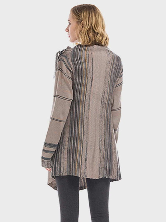 Angel Wings Tassel Striped Open Front Long Sleeve Cardigan - Trendsi - Flyclothing LLC