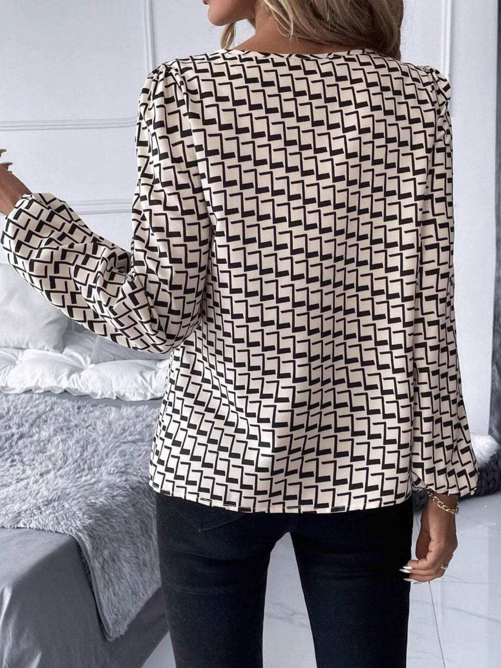 Cutout Printed Long Sleeve Blouse - Trendsi - Flyclothing LLC