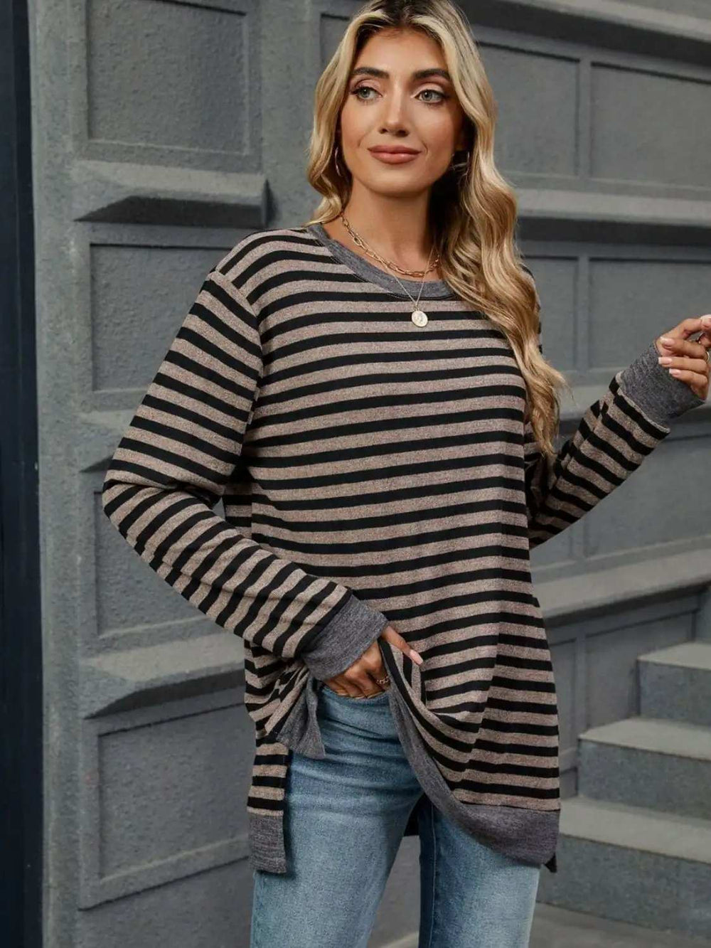 Striped Round Neck Long Sleeve T-Shirt - Trendsi - Flyclothing LLC