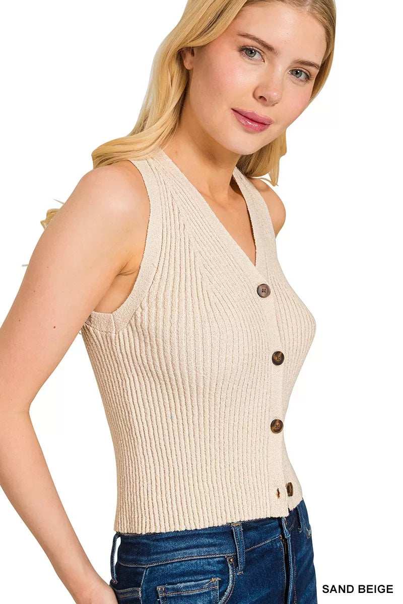 Zenana Ribbed Knit Button-Down Sweater Vest - Trendsi - Flyclothing LLC